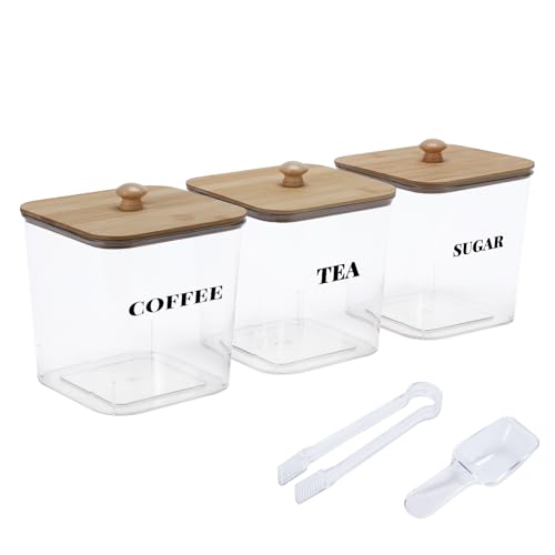 Xbopetda 3 Pack Kitchen Canister Set, Clear Acrylic Storage Jars with Bamboo Lids Airtight, Tea Coffee Sugar Container Set for Countertop, Square Food Storage Jar for Cookie Candy Flour, Kitchen Decor