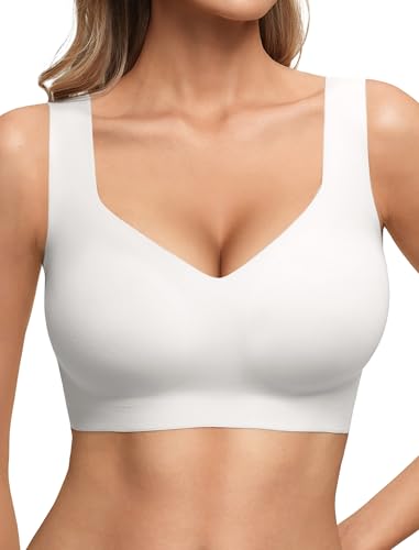 Women's Seamless Pullover Bras No Underwire Comfortable Full Coverage Wireless Bralette Wide Straps Back Fat Smooth T Shirt Bra White L