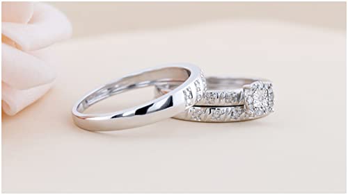 Dazzlingrock Collection 0.10 Carat (cttw) Round White Diamond Halo Illusion Wedding Trio Ring Set for Men & Women in 925 Sterling Silver4