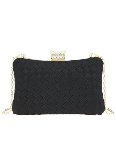 Women's Silky Satin Clutch Purses Woven Pattern Handbags Crown Clasp Party Formal Crossbody Bag With Chain