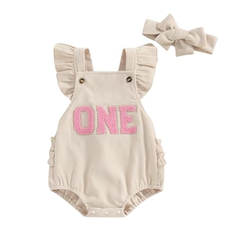 Baby Girl Birthday Outfit One Embroidery Romper Corduroy Ruffle Sleeveless Bodysuit Headband Cake Smash Outfits