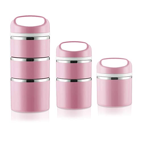 Lille Home Stackable Stainless Steel Thermal Compartment Lunch/Snack Box, 3-Tier Insulated Bento/Food Container With Upgraded Lunch Bag, Portable Cutlery Set And 3 Extra Silicone Seals, 43Oz, Pink #TOP4