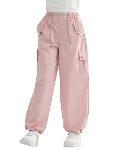 Rolanko Girls Baggy Cargo Parachute Trousers, Y2K Vintage Joggers with Adjustable Elastic Waist for Kids Fit, Pink, Tag Size: 150