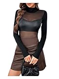 SHENHE Women's PU Leather Sheer Mesh Bodysuit Mock Neck Long Sleeve Sexy Bodysuit Top Black Medium