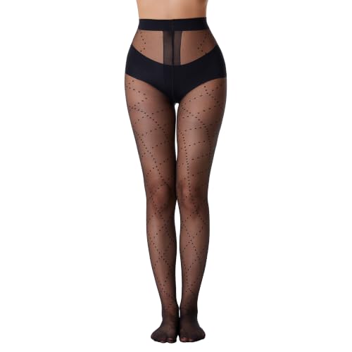 Image of Patterned Tights for Women High Waist Pantyhose Black Sheer Stockings 15D