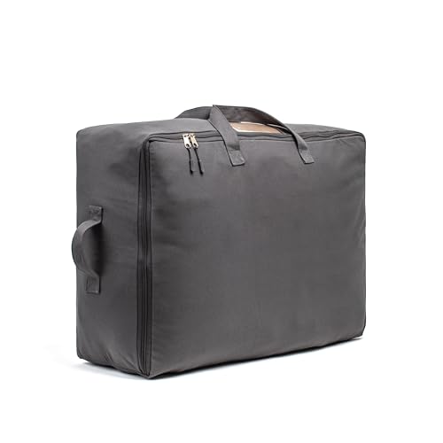 Soft Canvas Storage Bags with Zipper. Thick Breathable, 1pc King/Queen Comforter Organizer. Four Carrying Handles and Window. Large 25x19x9in Bag for Sheets Blankets Bedding Pillows, Clothes (Grey)