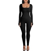 Menore Women's Yoga Jumpsuits Workout Ribbed Long Sleeve Soft Sports jumpsuits Square Neck Figure-Hugging One-Piece