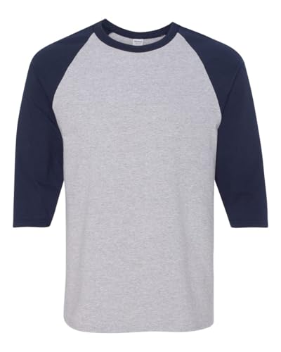 Gildan Heavy Cotton 3/4 Raglan Sleeve T-Shirt, 5.3 oz 100% US Cotton, Classic Fit (US, Alpha, Large, Regular, Regular, Gray/Navy)