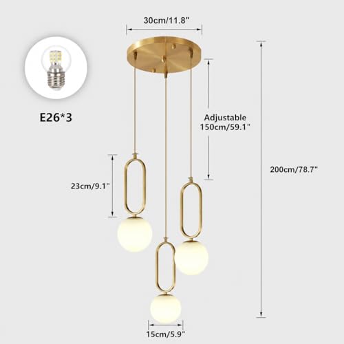 Image of 3-Light Globe Glass Pendant Light, Brass Ceiling lamp, Modern Gold Pendant Light, Frosted Milky White Ceiling lamp for Bedroom Living Room Kitchen