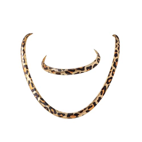 Otxas Herringbone Choker Necklace for Women Snake Chain Necklace and Bracelet Set Flat Necklaces and Bracelet Set Snake Chain Jewelry (Leopard Print)