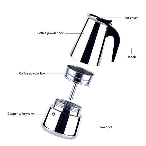 Image of Stainless Steel Espresso Coffee Maker - Premium Portable Induction Base Percolator Moka Pot for Italian Coffee - Silver (4 Cup)