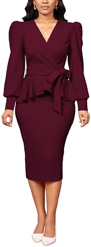Image of Dresses for Women Elegant Long Sleeves Ruffles Pencil Knee Length Split Business Dress with Belt Zipper