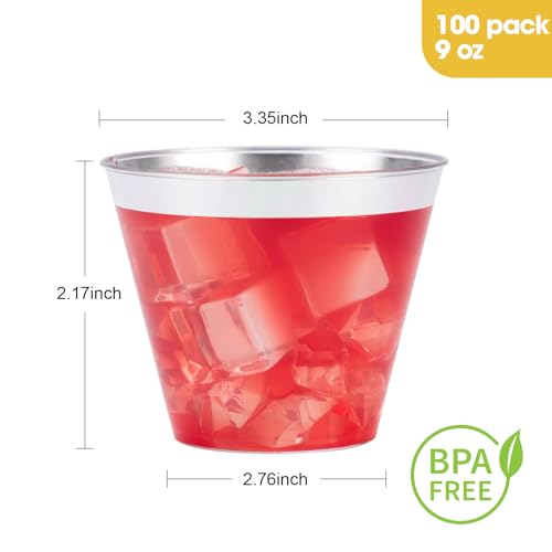 Goodluck 100PCS 9oz Plastic Cups for Party, Disposable Silver Plastic Cups, Plastic Cocktail Glasses for Wedding Thanksgiving, Christmas, and Parties