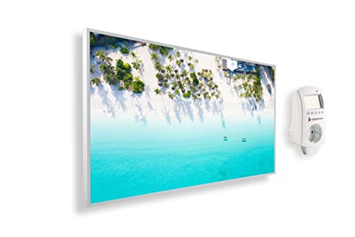 Könighaus Infrarotheizung mit Bild- 1200 Watt + Smart Thermostat & Könighaus APP- Energiesparende Infrarot Wandheizung mit Bildmotiv- TÜV SÜD- Weißer Rahmen (14. Traumstrand 1)