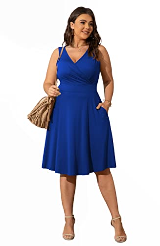 Image of POSESHE Womens Plus Size Dresses Sleeveless Wrap V-Neck Sundress Casual Summer Wedding Guest Cocktail Dress with Pockets