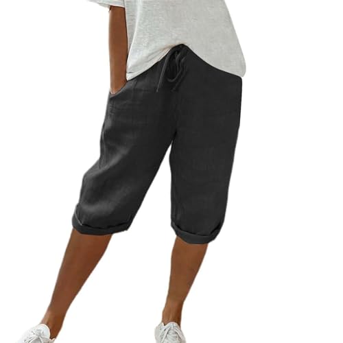 Bermuda Shorts for Women Knee Length High Waist Palazzo Cotton Linen Casual Pants with Pocket Summer Beach Vacation4