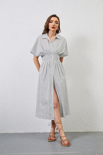 Image of Women Striped Button Down Shirt Maxi Dresses Summer Pleated Short Sleeve Collar Casual Corset Long Dress