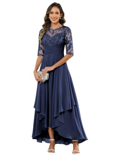 WMVYK Lace Applique Mother of Bride Dresses Tea Length Navy Blue US10