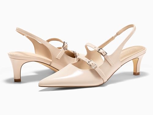 Image of Coutgo Womens Slingback Kitten Heels Mary Jane Pumps Closed Pointed Toe Buckle Strap Wedding Dress Shoes