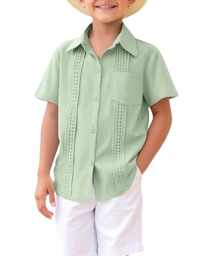 Image of Boys Guayabera Shirt Short Sleeve Button Down Casual Linen Shirt with Pockets for Summer Hawaiian Holiday 4-13Y