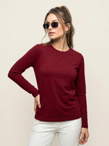 Image of JUNEBERRY Pure Cotton Round Neck Regular Fit Core Fashion Solid Full Sleeve T-Shirt for Women & Girls (Colors: Black, Cork, Green, Navy, Swanwhite & White)