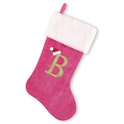 BELISHMIE 20-inch Personalized Pink Faux Velvet Stocking with Embroidered Gold Letter – Luxurious Christmas Decoration and Gift, Plush Finish (Pink-B)