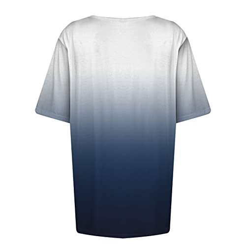 Summer Tops For Women 2023 Solid Color Fashion Tunic V Neck Retro All-Match Tees Short Sleeve Button Casual T-Shirts Blue Large #TOP2