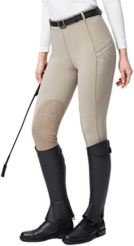 SANTINY Women's Horse Riding Pants with Zipper Pockets Knee-Patch Schooling Tights Equestrian Breeches for Women