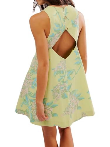 Floral Sleeveless Backless Mini Dress for Women Summer Loose Swing Flowy Sundress with Pockets