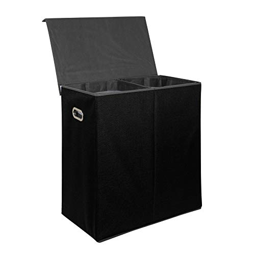 1 Click Buy, Laundry Basket, with Lid, Large, Double Laundry Basket, Hamper, Sorter with Bags, 2 Dividers, Foldable with Mesh Pockets for Bedroom, Clothing Organization, in Grey Black or Beige (Black)