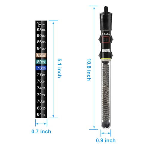 Image of DaToo Mini Aquarium Heater 150W Small Fish Tank Heater 150 Watt with Free Thermometer Sticker(150W)