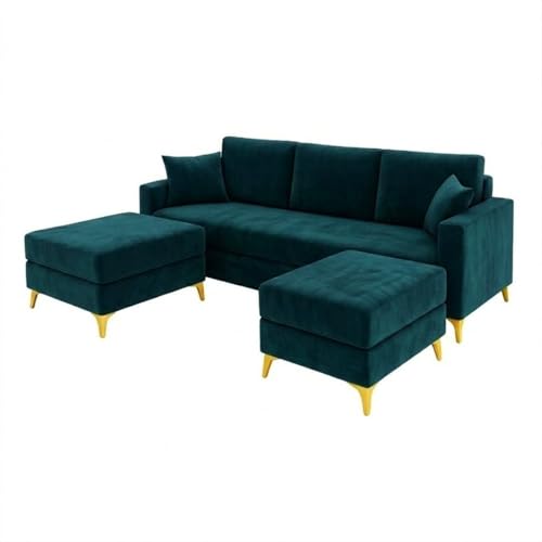 Image of SOCOZI Bravelle 5 Seater L Shape Sofa Set with 2 Movable Ottomans | Flexible Layout| Soft Velvet Suede Fabric|Modern Sofa | Plush Comfort Cushions for Living Room (Teal Green Color)