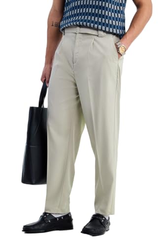 Image of SNITCH Men Trousers Formal Wear | Relaxed Fit Straight Leg Pleated Front & Turned-up Hem Design | Polyester Blend Medium-Stretch Fabric for Office Meetings & Daily Professional Use