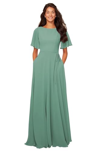 Image of petyoo Chiffon Flutter Sleeve Bridesmaid Dresses with Pockets Sash Long A Line Formal Dress