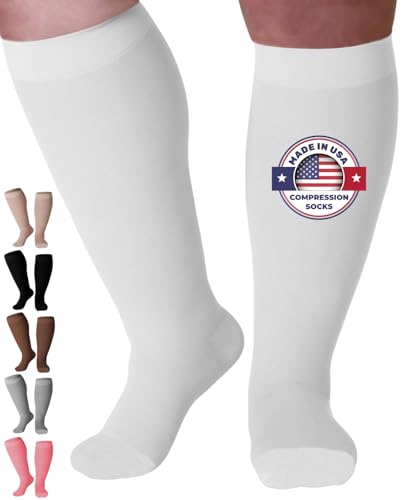 Compression Socks for Women and Men 20-30mmHg Plus Size - Medical Knee High Compression Stockings with Wide Calf for Flights, Airplane, Nursing - White, 5X-Large - AB201