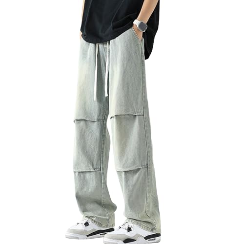Mens Straight Leg Drawstring Jeans Elastic Waist Lightweight Wide Leg Denim Pants Casual Carpenter Style Trousers