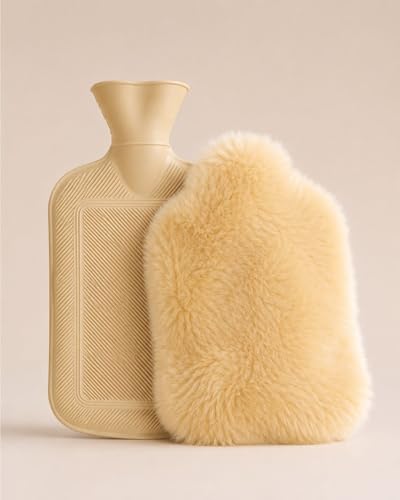 LIRA DEKO Wärmflasche | 100% echtes medizinisches Lammfell mit abnehmbarem Bezug | Tragbare und komfortable 2-Liter-Wärmflasche zur Muskelentspannung | Ideal für kalte Tage und zur Entspannung