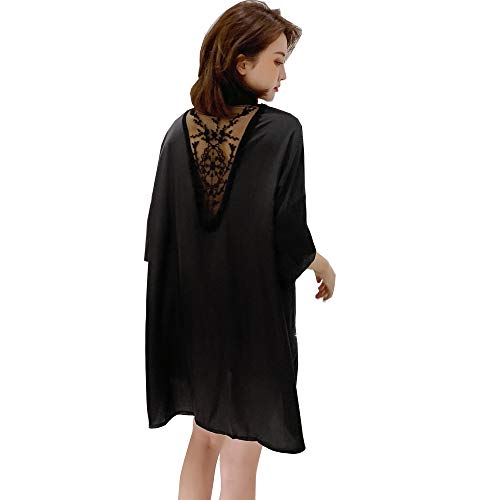 Flwydran Chemise de nuit boutonnée en satin à manches 3/4 pour femme - Noir - Taille Unique Cover