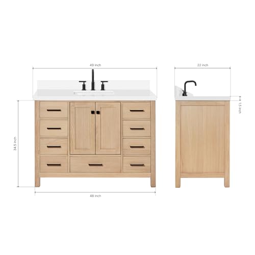 ARIEL 49\'\' Bathroom Vanity with Sink, American White Oak Solid Wood, 1.5 inch Edge Pure White Quartz Countertop & Backsplash, 2 Soft Closing Doors, 9 Full Extension Dovetail Drawers, Matte Black