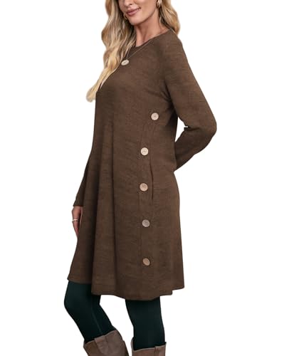 OFEEFAN Chocolate Brown Fall Clothes Fall Dresses for Women 2025 Sweater Dress Winter Long Sleeve Dress Brown XL - Thumbnail 2