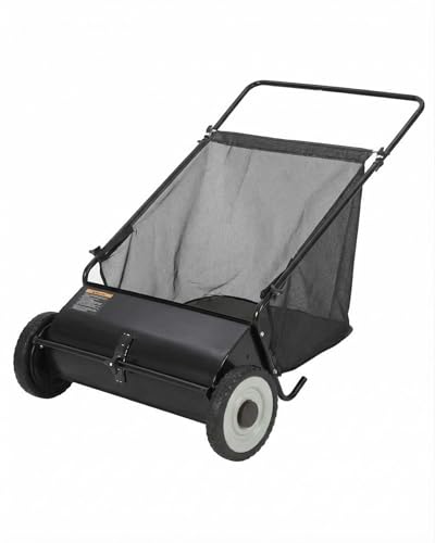 Takywep 26-Inch Push Lawn Sweeper, Anti-Rust Steel Frame, 4 High-Density Brushes, Adjustable Height, 7 Cu.Ft Collection Bag for Yard Debris (Black)
