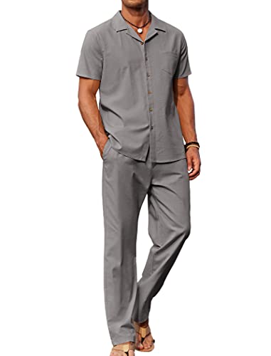Image of COOFANDY Men 2 Piece Linen Outfit Beach Button Down Shirt Casual Loose Pant Sets