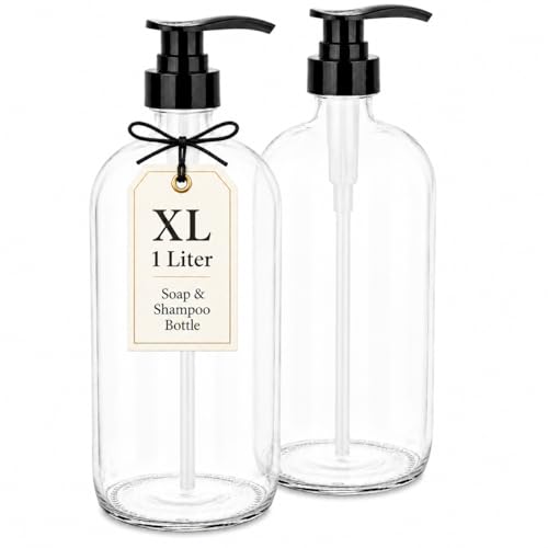 32-Ounce Pump Bottles, Large Clear Glass Boston Round Bottles w/Black Pumps. Great for Lotions, Laundry Soap Detergent, Oils, Sauces - Food Safe and Medical...