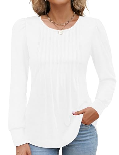 Womens Long Sleeve Shirts Fall Tops Business Casual Blouses Button Pleated Dressy Puff Sleeve Tunic, Z_white, Medium
