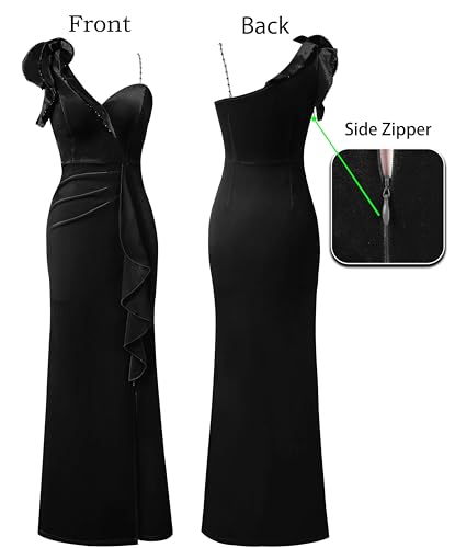 Image of VFSHOW Womens Formal Prom Elegant Ruffle One Shoulder Beaded Strap Ruched Slit Maxi Dress Wedding Evening Long Gown