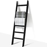 TEAKMAMA 6-Tier Blanket Ladder for Living Room and Bedroom,5.4 Ft Wall Leaning Quilt Rack with Hooks,Rustic Decorative Farmhouse Blanket Storage,Stylish Ladder Holder,Easy to Assemble,Black