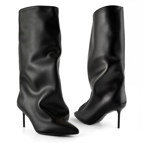 Slouchy Knee High Boots Women, Black Boots with Pointed Toe Stiletto Heel Pull on Closure Shark Boot High Heel Boot for Women
