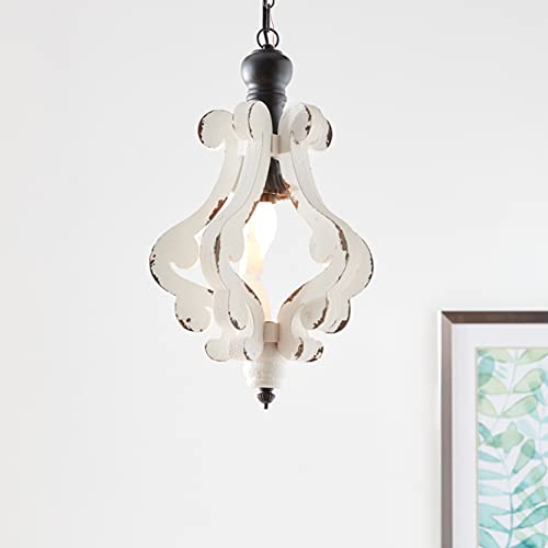 A&B Home Small Distressed White Pendant Farmhouse Rustic Chandelier White-Washed Wood Foyer Dining Living Room Decor 1-Light Candle Bulbs Off White 13" X 13" X 21" #TOP4
