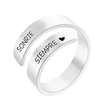 cotigo Anillo Mujer Acero Inoxidable Ajustable con Mensaje Positivo Grabado, Anillo Abierto con Frase Inspiradora, Joya con Significado, Anillo Regalo Mujer con Caja (Sonrie Siempre-Plateado)
