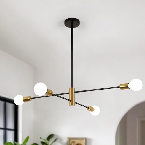 Goeco 26 Inch Modern Sputnik Chandelier, 4-Light Height Adjustable Gold and Black Farmhouse Chandelier for Dining Room, Kitchen Island, Living Room